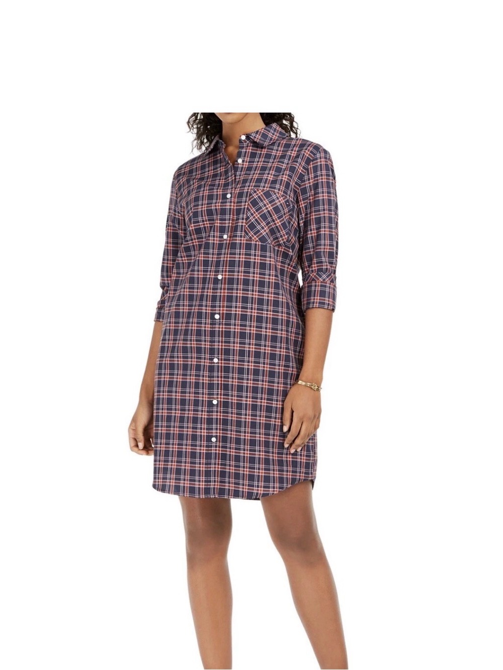 Tommy Hilfiger Navy and Pink Plaid Button-Down Shirt Dress